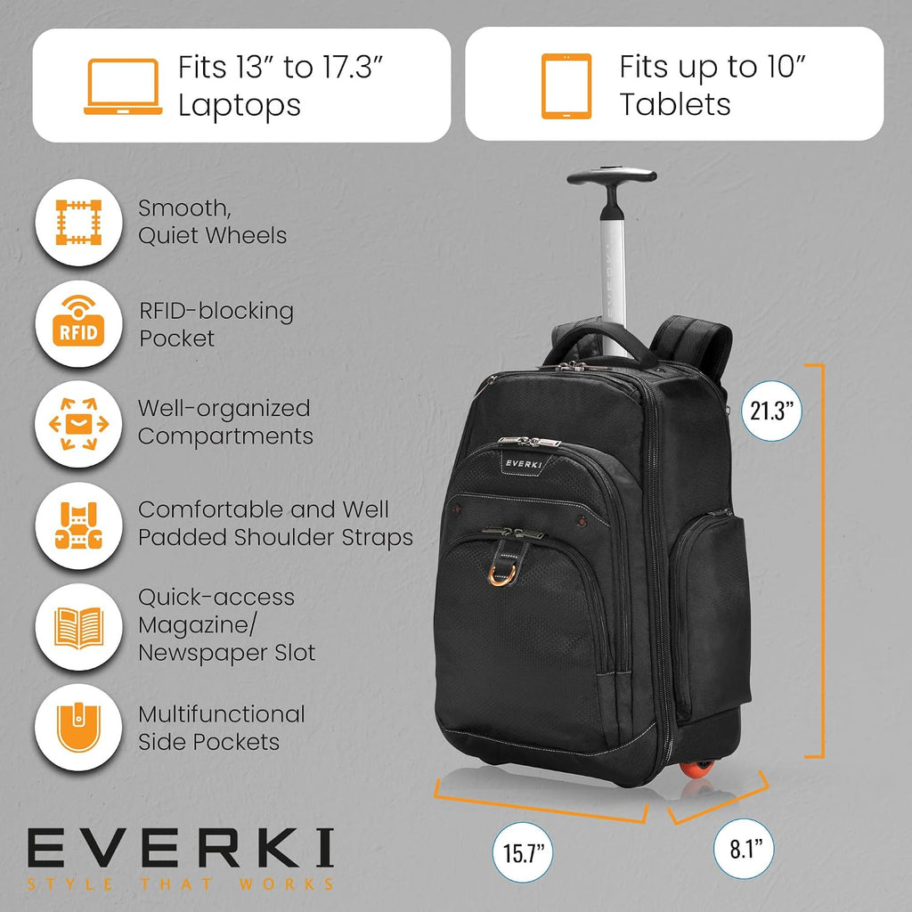 EVERKI Atlas Wheeled 30L Laptop Backpack - Rolling Backpack for Men & Women, Carry-On Travel Roller Backpack for Laptops, Fits 13 to 17.3 Inches with Adjustable Compartment for Business & Work - Black