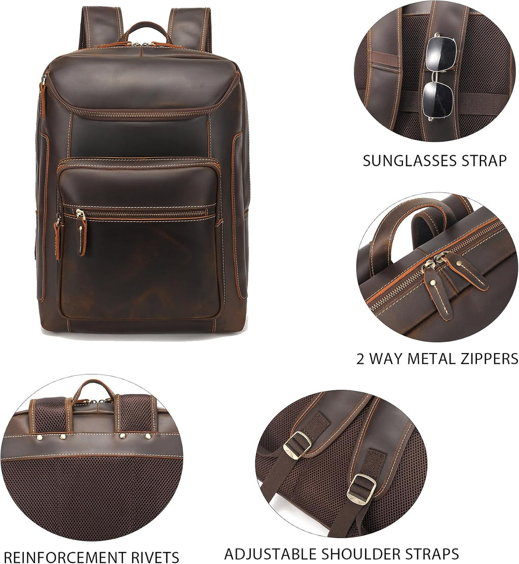 LANNSYNE Full Grain Leather Backpack For Men, 17' Laptop Backpack, Casual Outdoor Business Travel Rucksack, YKK Zippers