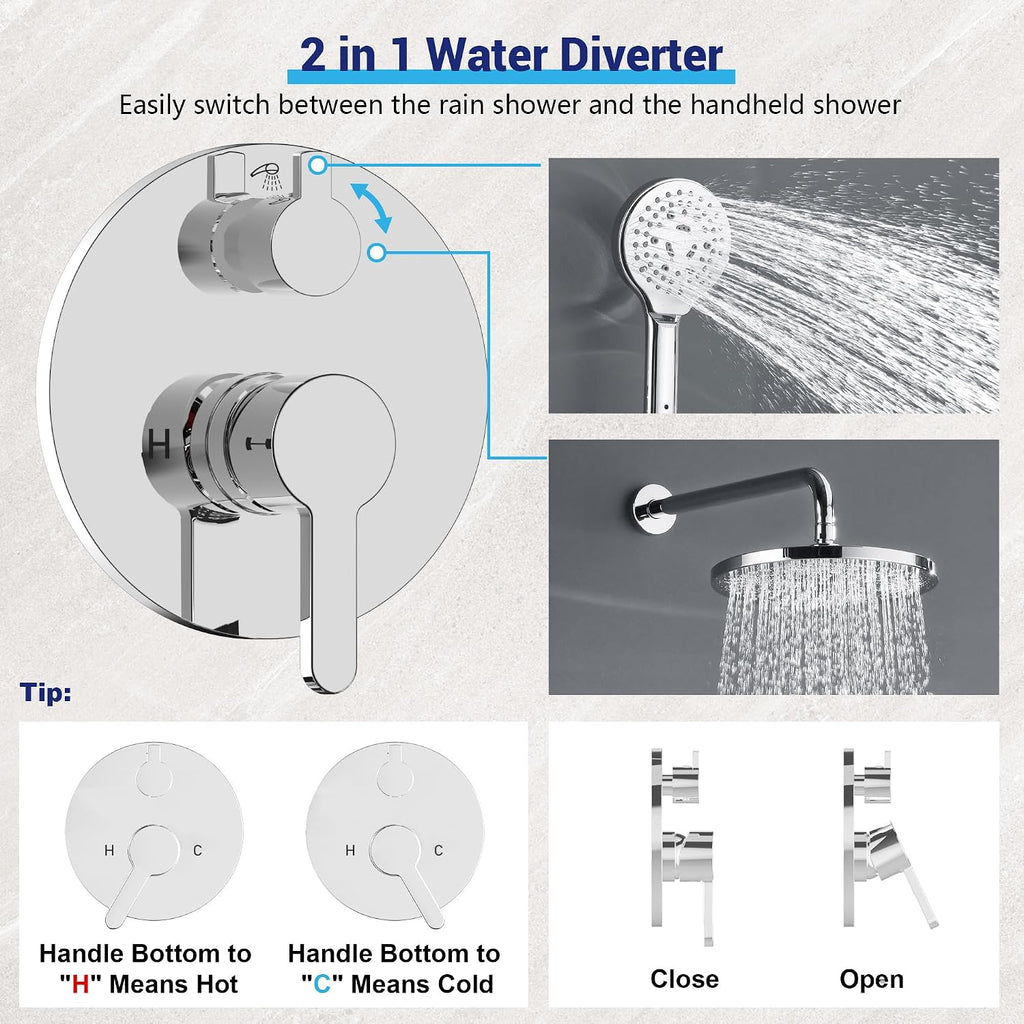 Bathroom Shower Faucet Set Wall Mounted Rainfall Shower System 10 Inches High Pressure Shower Head and Multifunctional Shower Handheld, Included Rough-in Valve and Trim Kit Polished Chrome