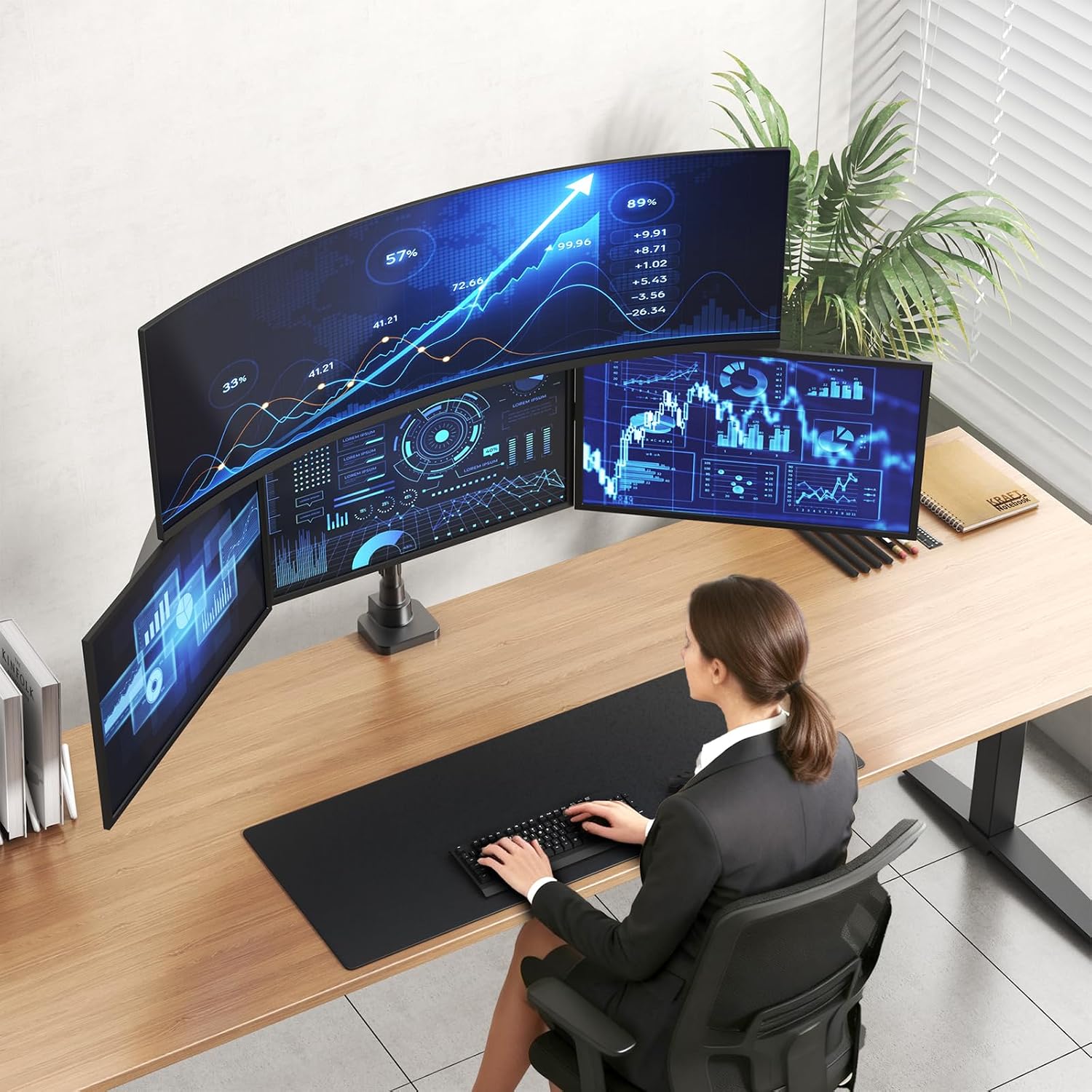 PUTORSEN Quad Monitor Mount for up to 49'' Ultrawide on Top Bracket and 27'' Screens on Lower Brackets, Holds up to 44lbs, Quad Monitor Stand with Gas Spring, C-Clamp & Grommet Base