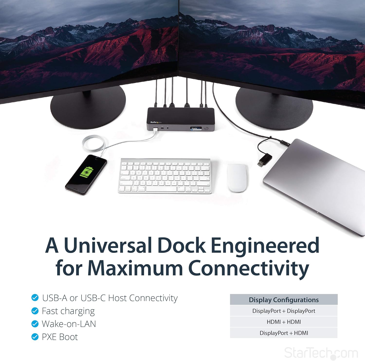 StarTech.com USB-C / USB-A Hybrid Docking Station for MacBook Pro / Air M1 M2 M3 M4 & Windows, Universal Dual 4K 60Hz HDMI DP Dock, Thunderbolt Compatible, 60W Laptop Charging