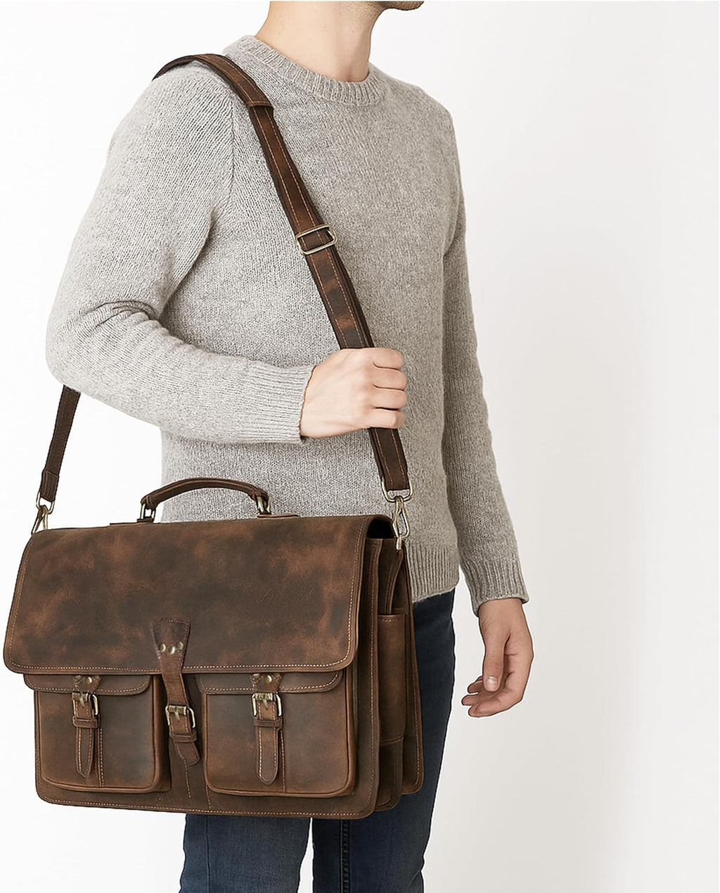 Vintage Leather Messenger Bag for Men & Women, Multi-Pocket Briefcase Satchel, Laptop Shoulder Bag