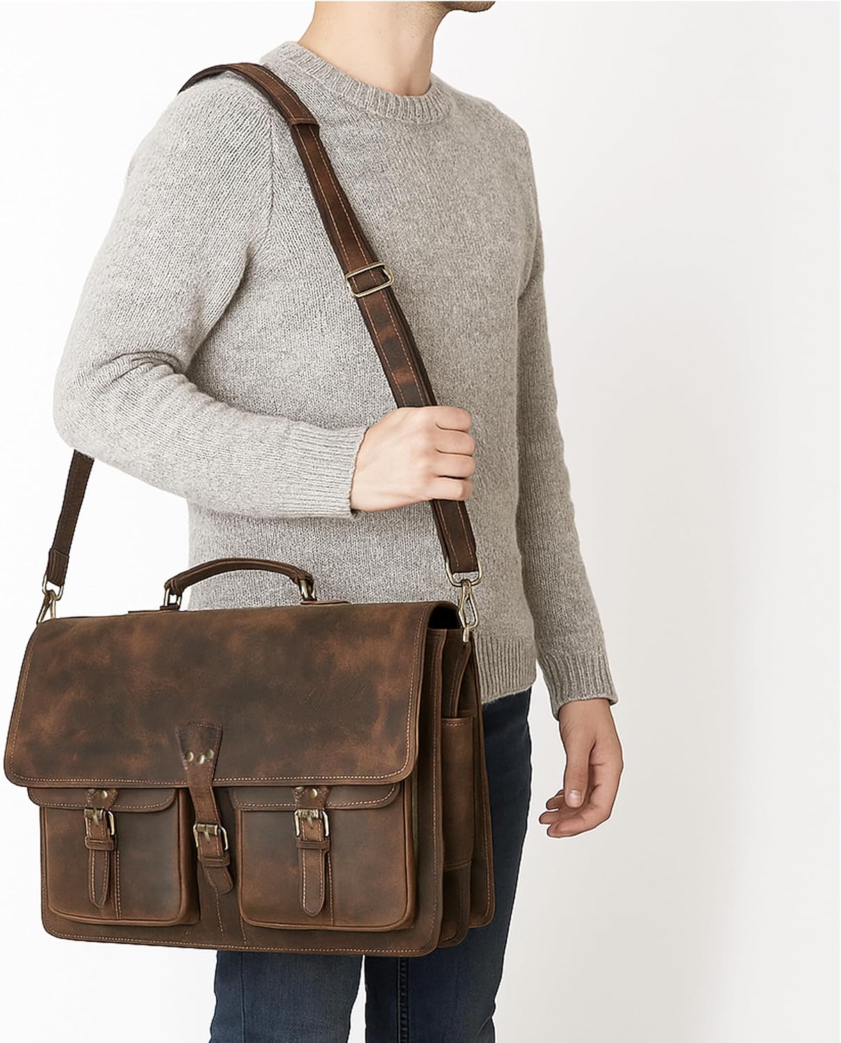 Vintage Leather Messenger Bag for Men & Women, Multi-Pocket Briefcase Satchel, Laptop Shoulder Bag