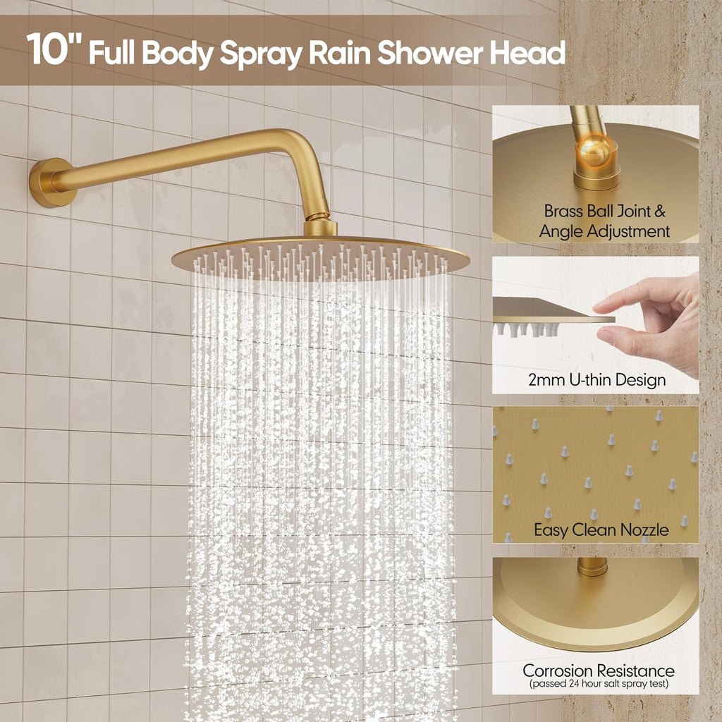 Brushed Gold Shower System, All-Metal Wall Mounted Shower Faucet Set with High Pressure 10-Inch Rain Showerhead & Handheld Spray, Bathroom Shower Combo Set with Rough-In Valve and Trim Included