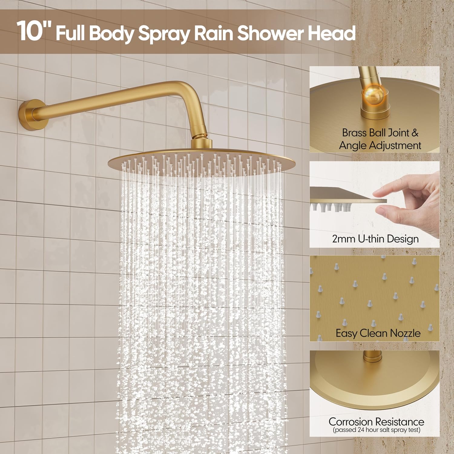 Brushed Gold Shower System, All-Metal Wall Mounted Shower Faucet Set with High Pressure 10-Inch Rain Showerhead & Handheld Spray, Bathroom Shower Combo Set with Rough-In Valve and Trim Included