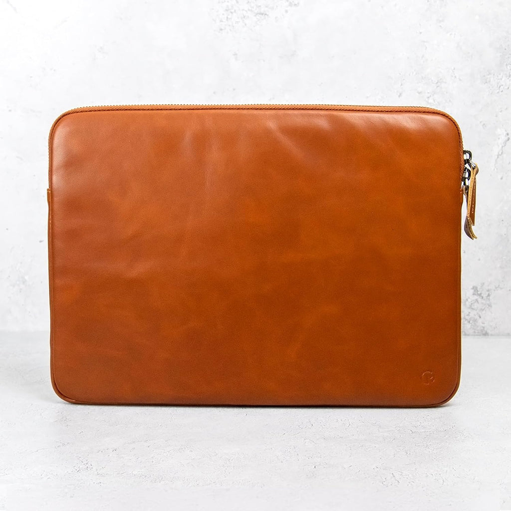 Casemade Real Leather Laptop Case/Zipped Folio Bag with Inner Pocket & Wool Lining Compatible with Apple MacBook, HP, Dell, Asus, Levovo (16 Inch - Tan)