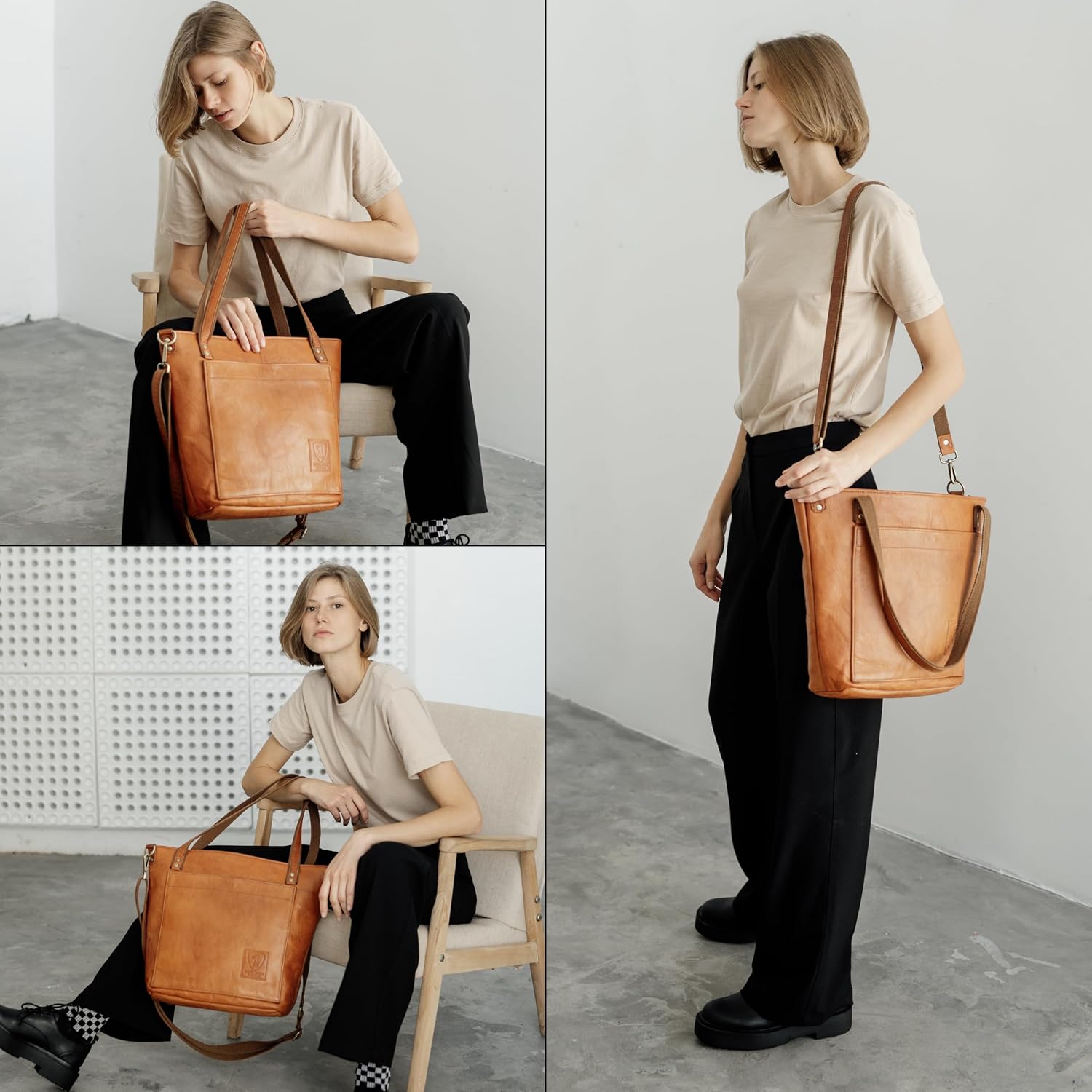 BERLINER BAGS Vintage Genuine Leather Tote Bag Verona, Handbag, Large Shopper, Work Bag for Women