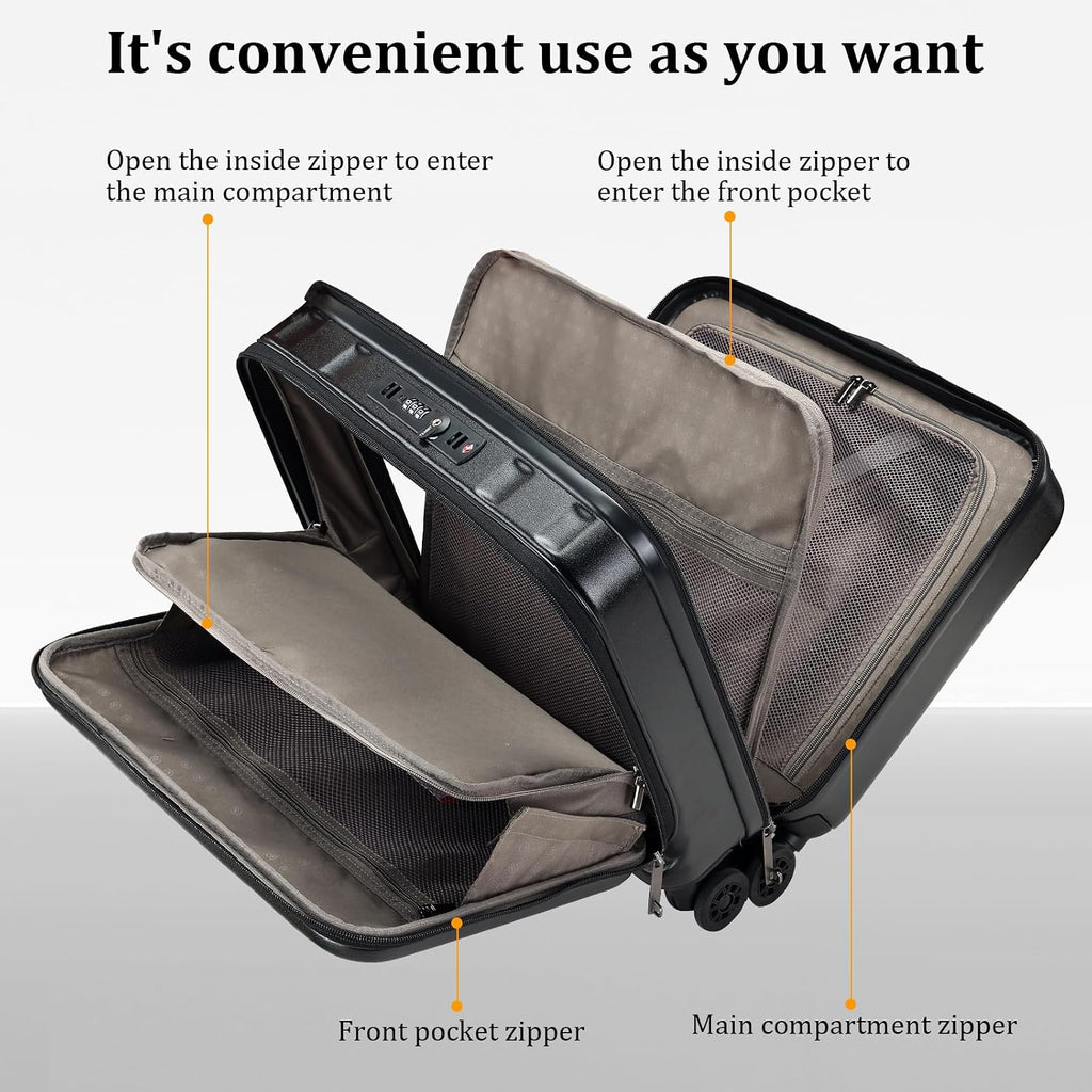 16 Inch Carry On Luggage with 2 Compartments for 14' & 15' Laptop, 16.14*8*17.12' Rolling Briefcase, Lightweight Hardshell ABS+PC Suitcase with Spinner Silent Wheels, for Business Trip, Black