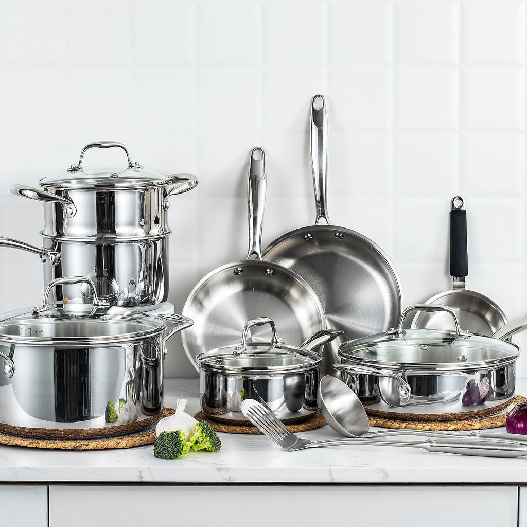 SuperCook Tri Ply Stainless Steel Cookware Set, 16-Piece Pots and Pans Set with Kitchen Utensils and Steamer, Non-Toxic, Multiclad, Induction Oven Compatible, Dishwasher Safe