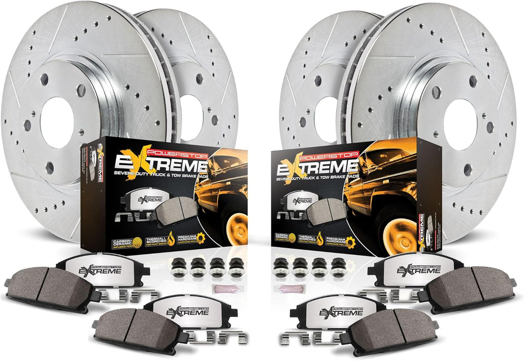 PowerStop Front & Rear Brake Kit For Ford Excursion 2000-05 |F-250 Super Duty 1999-04 - Truck & Tow Carbon Fiber Ceramic Brake Pads + Drilled & Slotted Rotors Upgrade, K1906-36