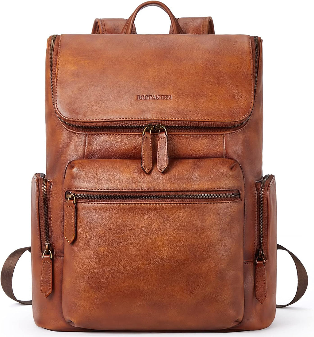 BOSTANTEN Leather Backpack for Men 15.6 inch Laptop Backpack Vintage Travel Office Bag Large Capacity Shoulder Bag Redbrown