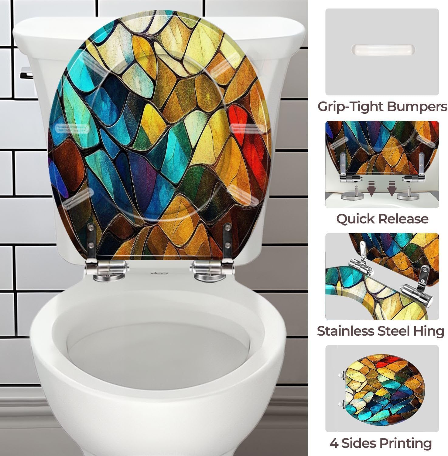 Round Toilet Seat Colorful stained glass window Abstract stained glass Art Nouveau Resin Colored Toilet Seat Quick Release Hinges with Cover Easy to Install Decorative for Bathroom