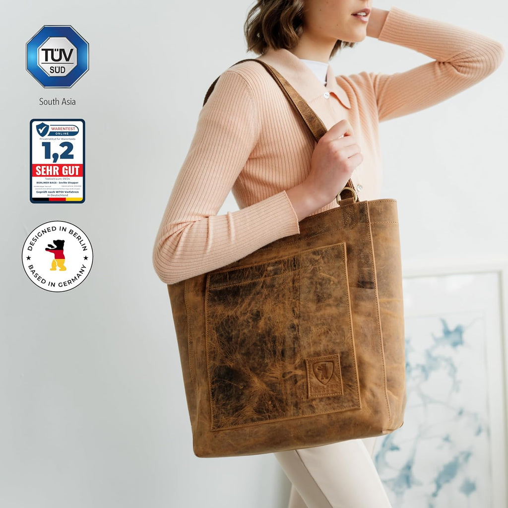 Berliner Bags Vintage Genuine Leather Tote Bag Seville, Handbag, Large Shopper for Women