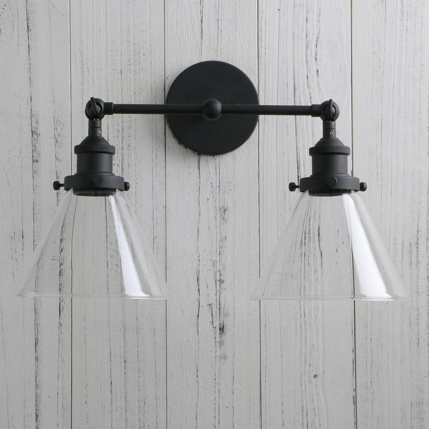 PERMO Industrial Double Sconce 2-Lights Wall Sconces with Dual Funnel Clear Glass Shade Wall Sconce for Mirror Hallway Bedroom, Hardwired, E26 Base (Black)