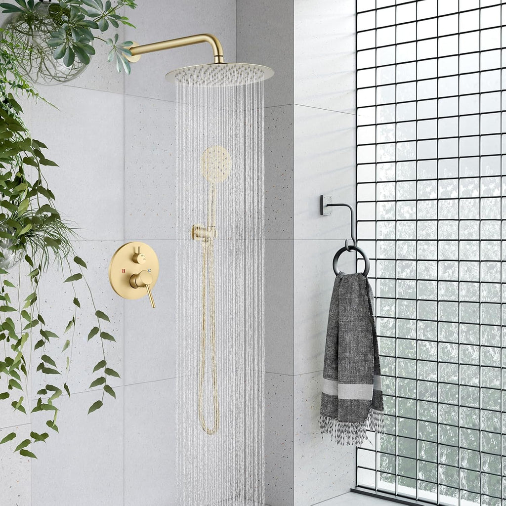 gotonovo Rain Shower System with 10 Inch Round Showerhead and Handheld High Pressure Shower Faucet Set Contain Rough in Valve, Brushed Gold