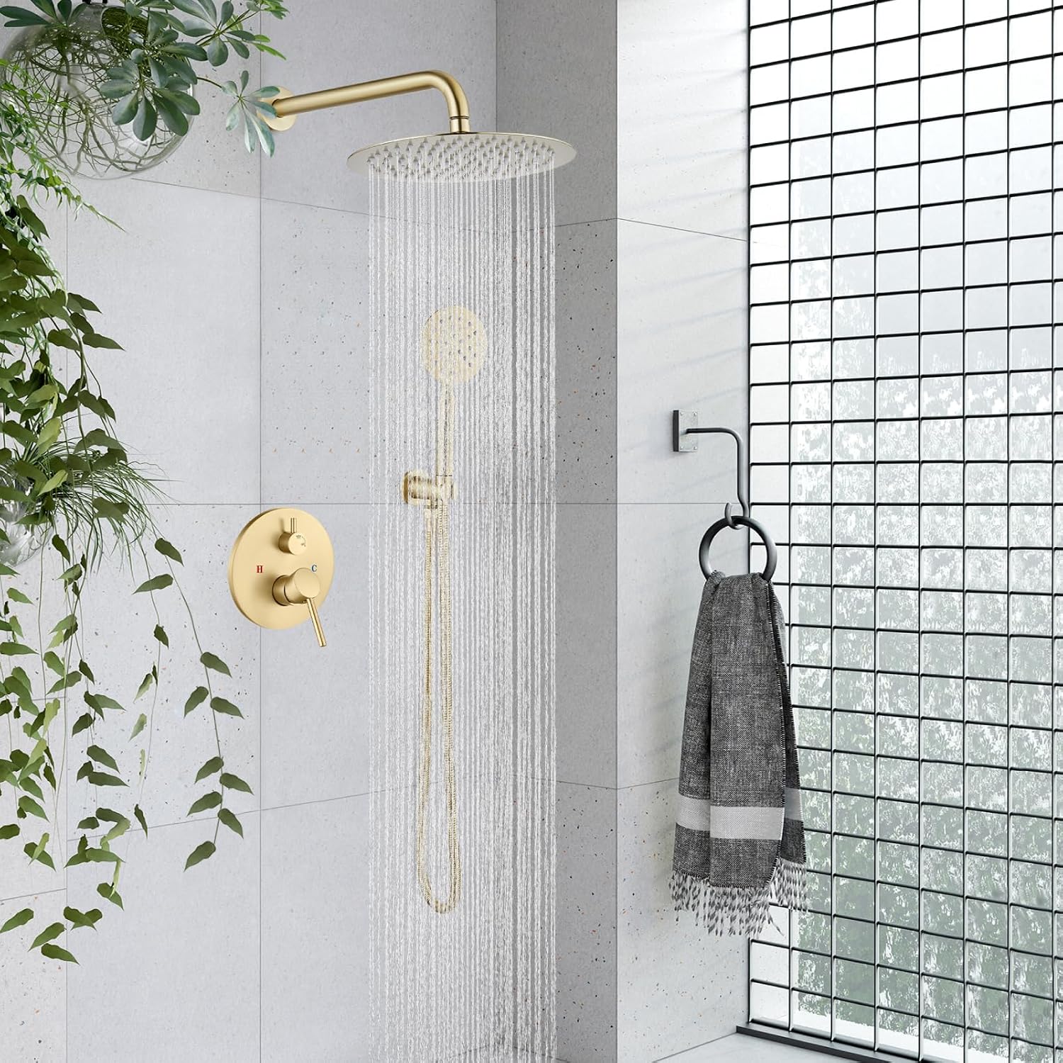 gotonovo Rain Shower System with 10 Inch Round Showerhead and Handheld High Pressure Shower Faucet Set Contain Rough in Valve, Brushed Gold