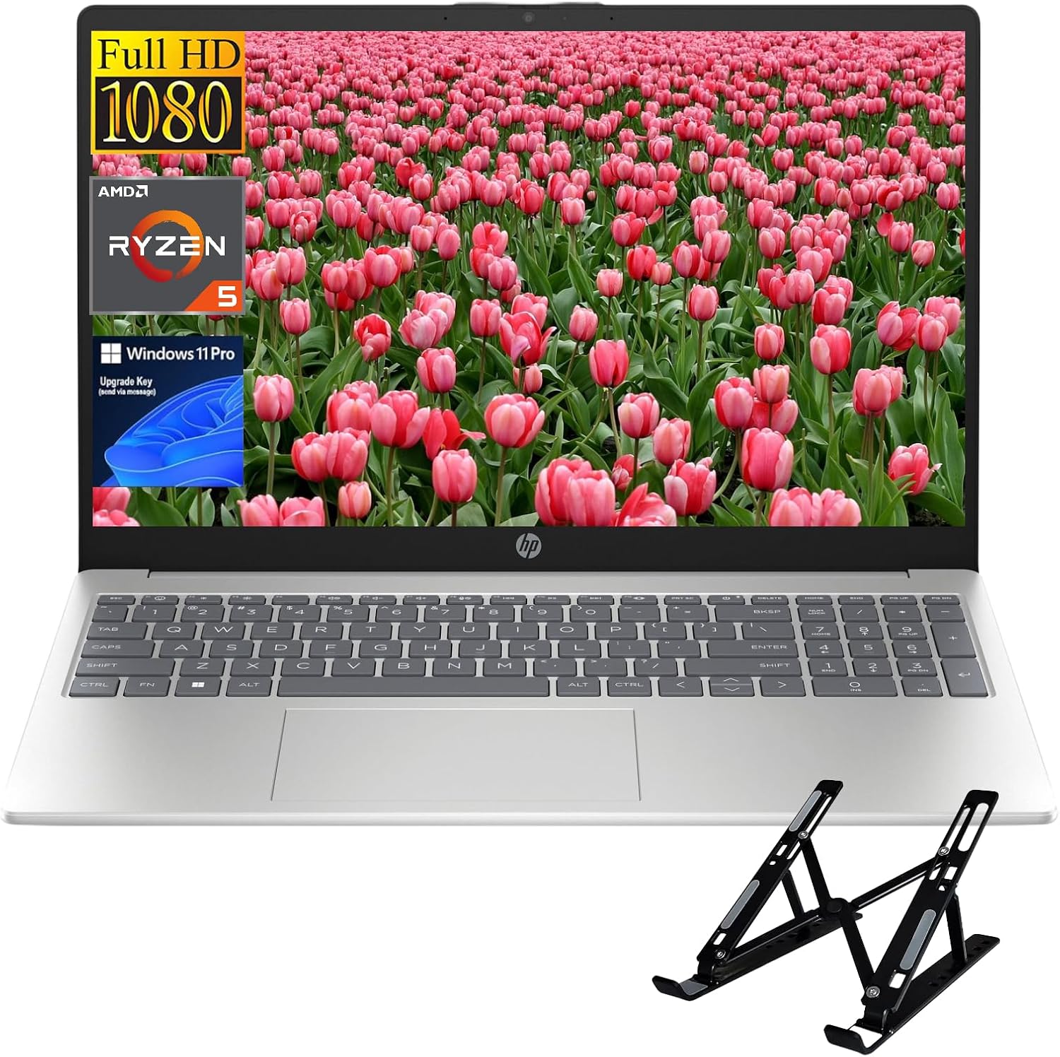 HP 2024 15.6' FHD Laptop - AMD Ryzen 5-7520U(Beat i5 1235U), 16GB DDR5 RAM, 1TB SSD, Up to 12.5 Hours Long Battery Life, Webcam, Wi-Fi 6, Fast Charge, Windows 11 Pro, with Laptop Stand