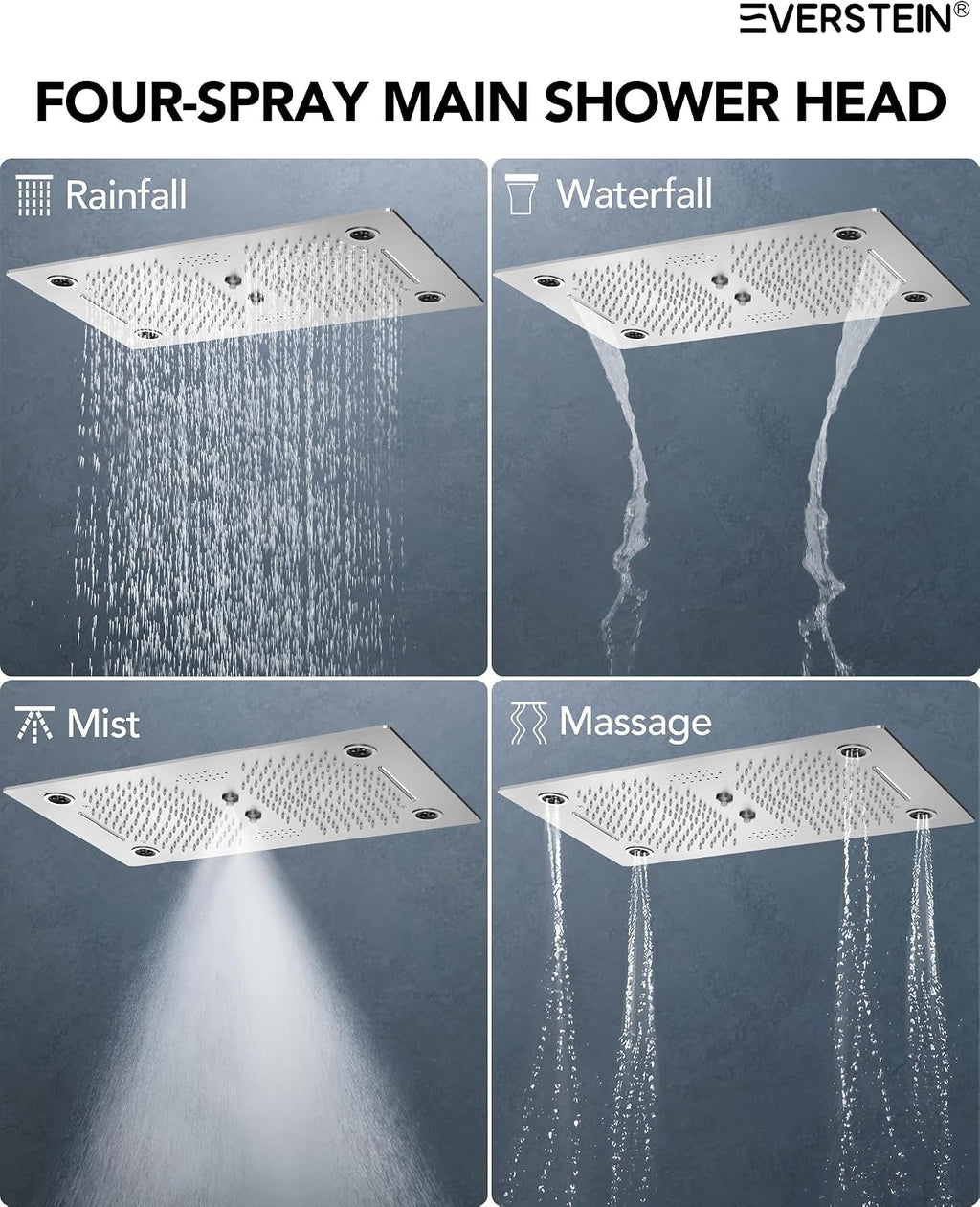 Thermostatic 64-Color LED Shower System, 28' x 16' Bathroom Waterfall Shower Set Ceiling-Mount Rainfall Shower Head Faucet with 6 Body Jets(Brushed Nickel)