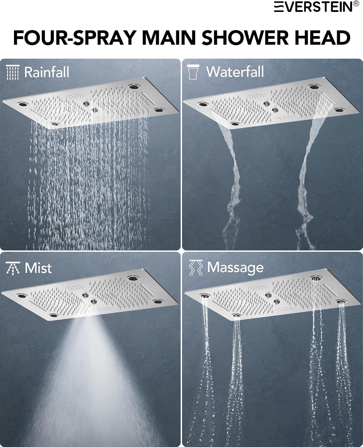 Thermostatic 64-Color LED Shower System, 28' x 16' Bathroom Waterfall Shower Set Ceiling-Mount Rainfall Shower Head Faucet with 6 Body Jets(Brushed Nickel)