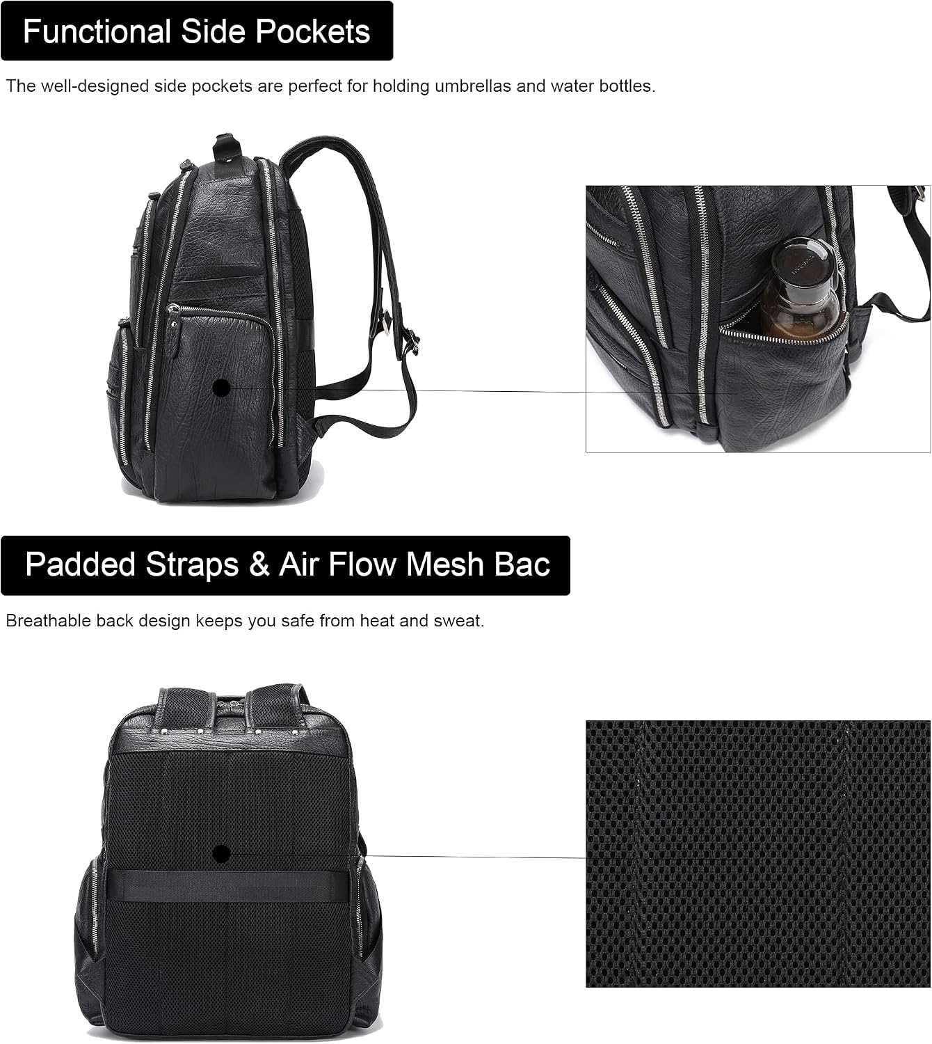 LANNSYNE Men Vinatge Full Grain Leather Backpack Fits 17.3' Laptop, Travel Overnight Daypacks - Black