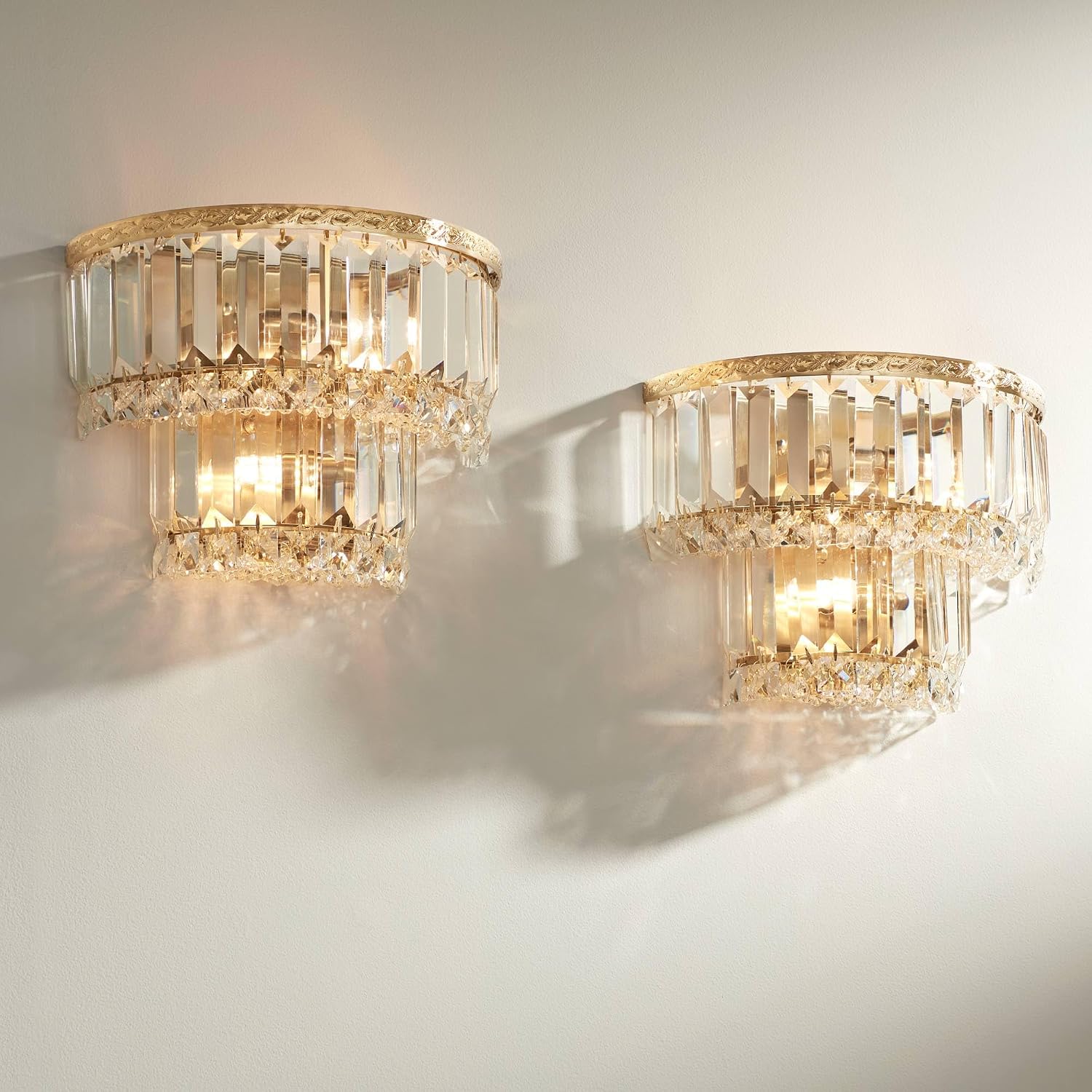 Vienna Full Spectrum Magnificence Modern Wall Light Sconces Set of 2 Gold Hardwired 10' Fixture Demilune Clear Crystal for Bedroom Bathroom Bedside Vanity Reading Living Room Hallway House Home
