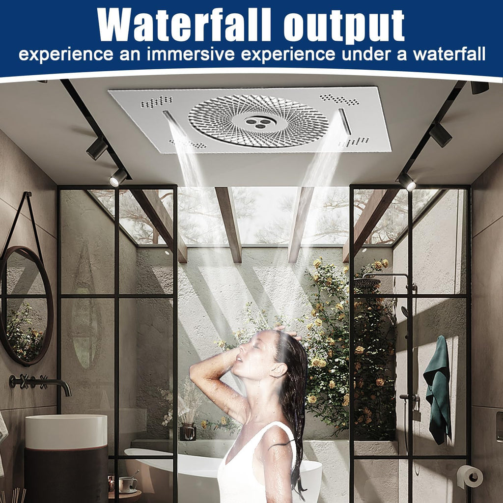 24x16 inch LED Shower head, 2 Function Stainless Steel Rectangle Waterfall And Mist Ceiling Mount Shower Head, 600 * 405mm Spray Waterfall Shower Head with Remote Control, Brushed Nickel