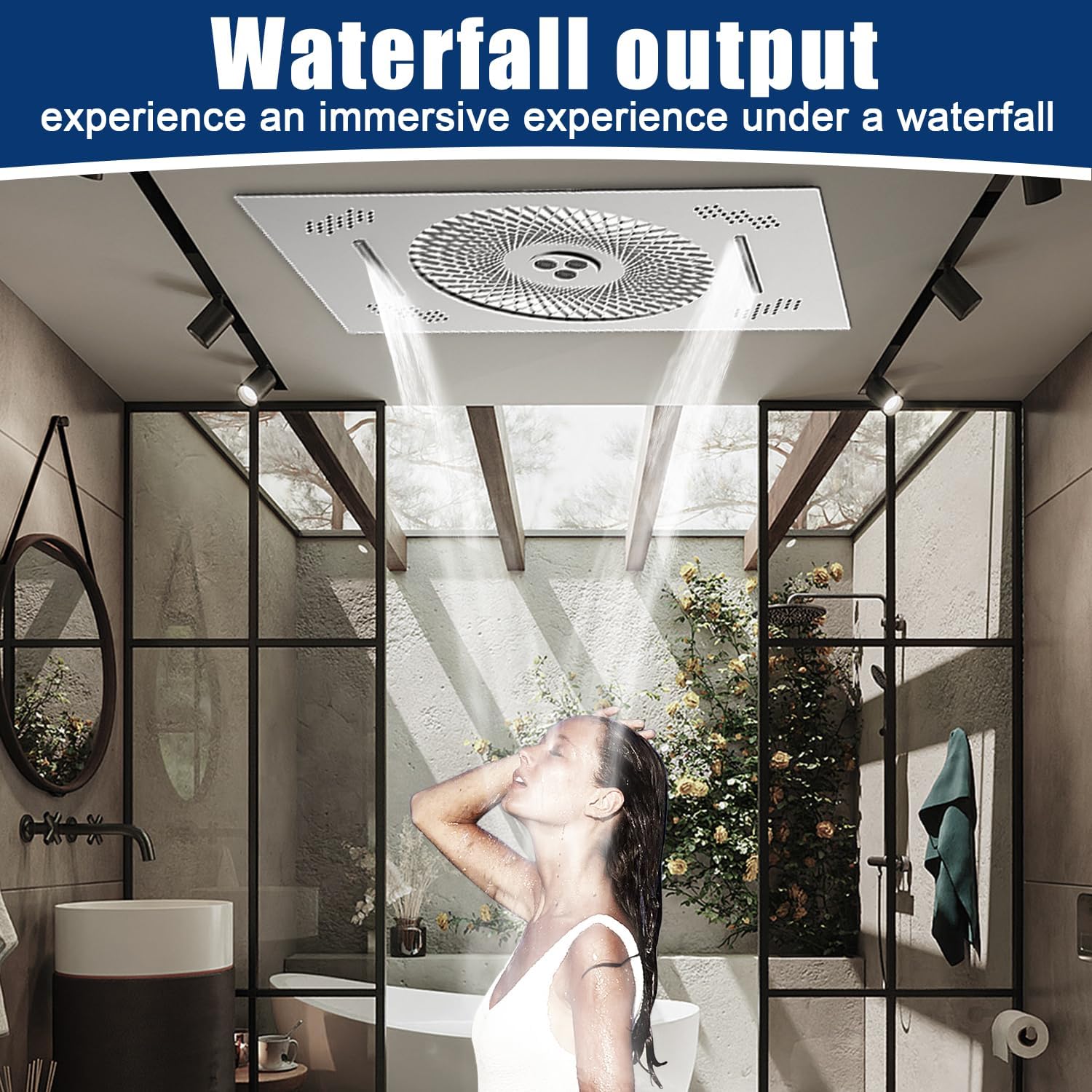 24x16 inch LED Shower head, 2 Function Stainless Steel Rectangle Waterfall And Mist Ceiling Mount Shower Head, 600 * 405mm Spray Waterfall Shower Head with Remote Control, Brushed Nickel