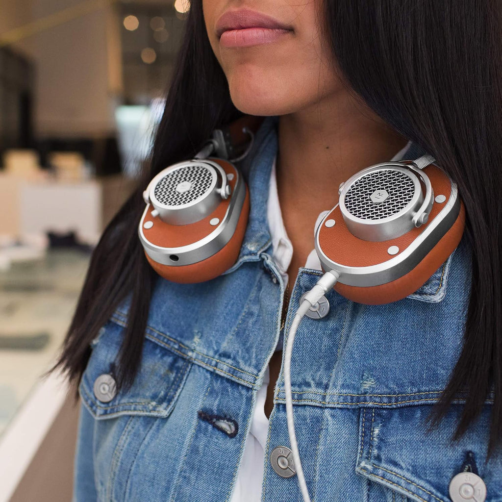 Master & Dynamic MH40 Over-Ear Headphones with Wire - Noise Isolating with Mic Recording Studio Headphones with Superior Sound, Silver Metal/Brown Leather