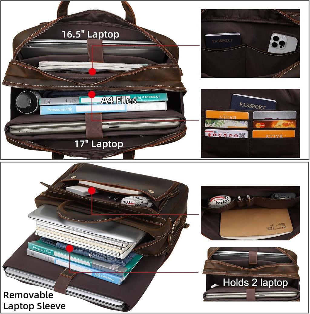 Masa Kawa Leather Briefcase for Men 15.6', 17' Laptop Computer Case Business Travel Work Messenger Cross Body Shoulder Bag