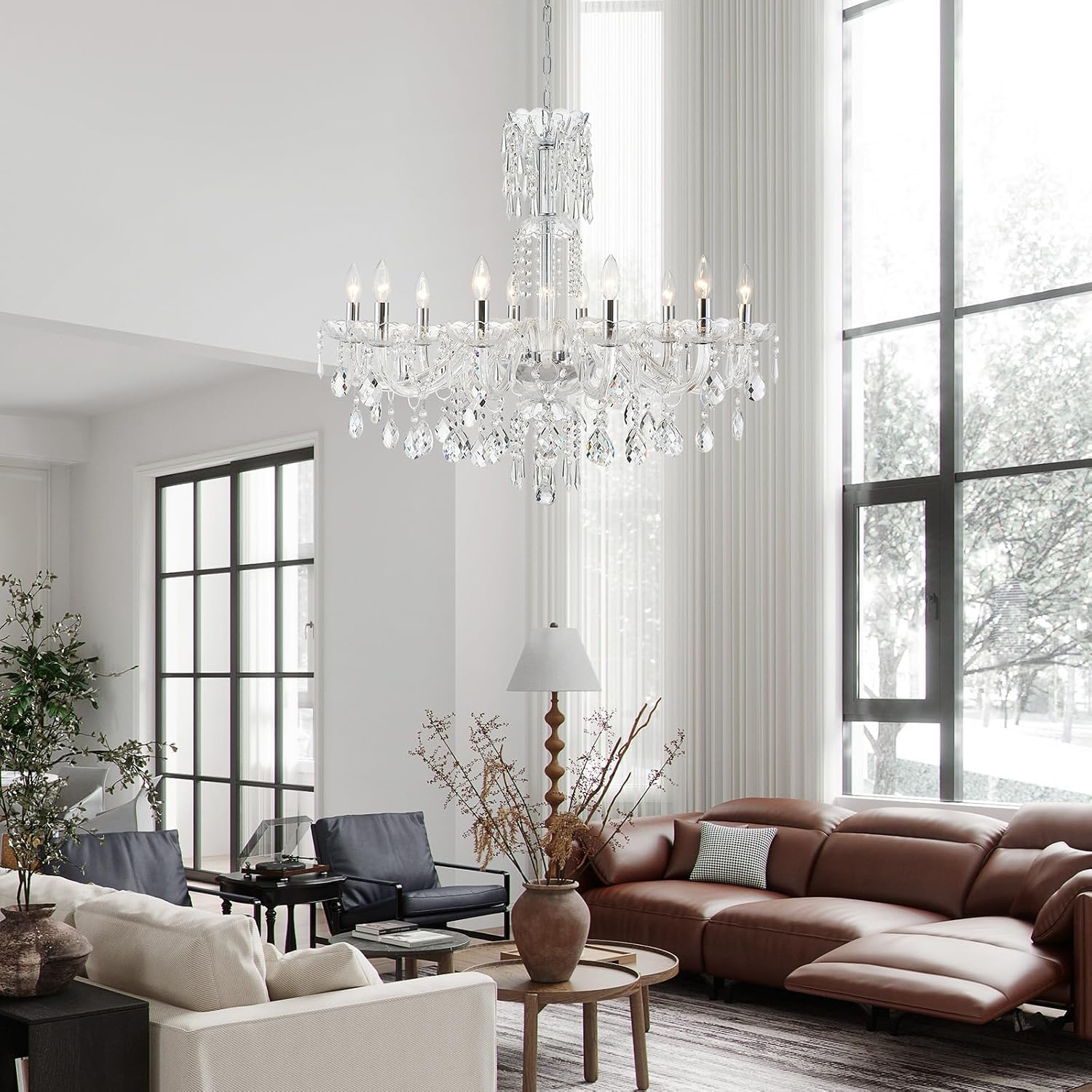 WUZUPS 10-Light Crystal Candle Chandelier Pendant Ceiling Light Modern Lighting Fixture for Bedroom Hallway Bar Kitchen Bathroom, H 26.7' W 33.9', E12 Base, Chrome