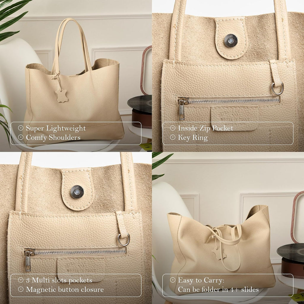 Italian Leather Tote Bag for Women - Large Shoulder Shopper, Fits 16' Laptop, Keychain Holder, Made in Italy