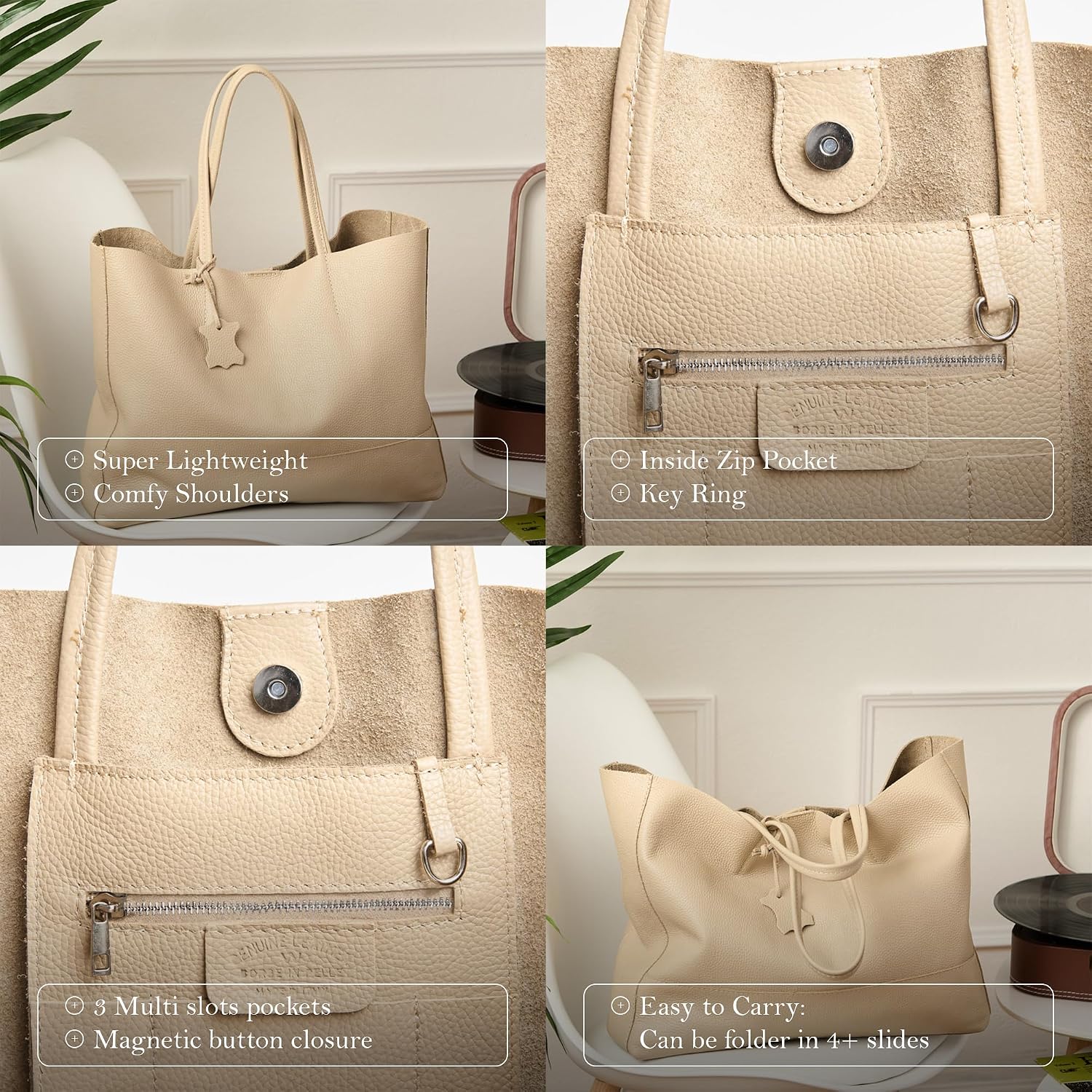 Italian Leather Tote Bag for Women - Large Shoulder Shopper, Fits 16' Laptop, Keychain Holder, Made in Italy