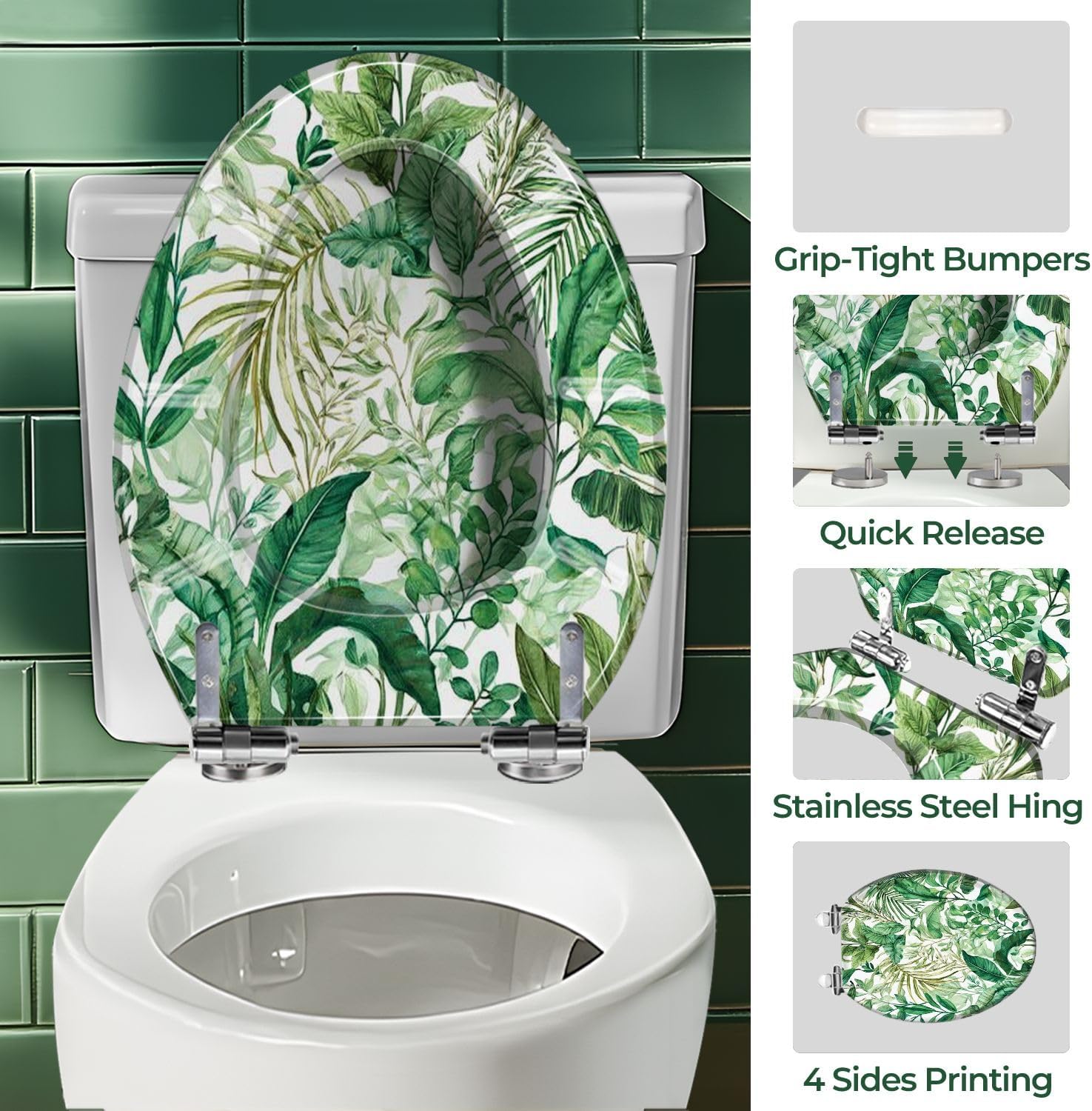 Elongated Toilet Seat Tropical seamless exotic leaves Floral painted watercolor Resin Toilet Seat with Quietly Close Quick Release Hinges Decorative Toilet Seat with Cover Easy to Clean and Install