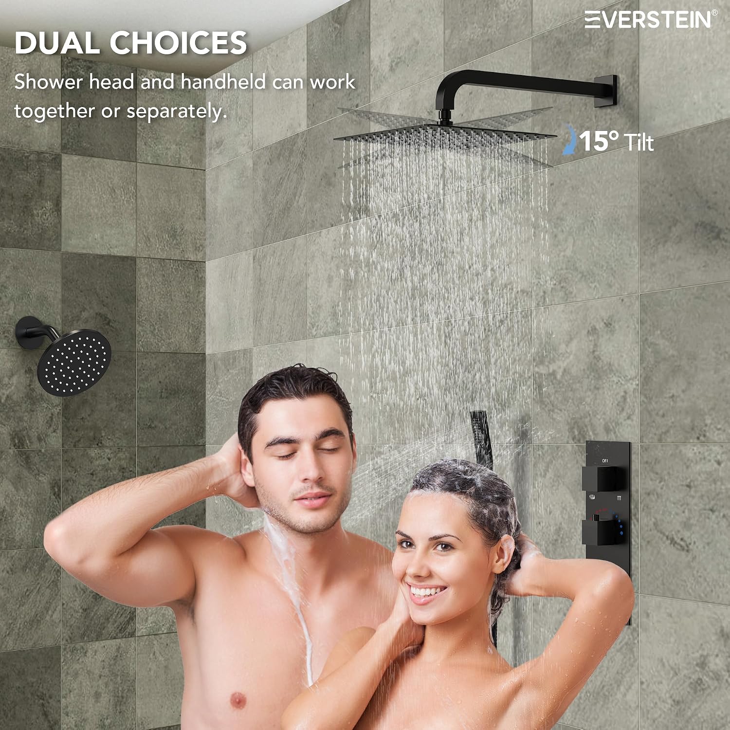 Thermostatic Shower system, 12 & 6 in. Bathroom Shower Set Wall Mount Dual Shower Head Faucet in Matte Black