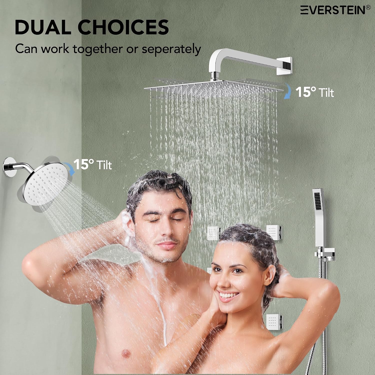 Wall Mount 12' High-Pressure Rainfall Shower Faucet, Dual Rainfall Shower Head System with 6 Body Jets (Polished Chrome)