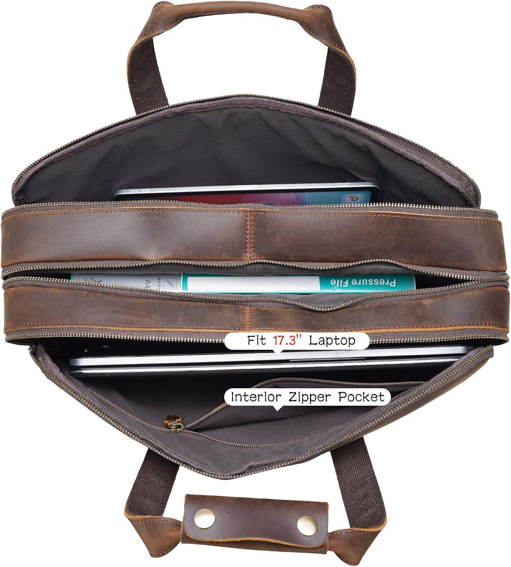 Polare X-Large 18' Full Grain Leather Briefcase For Men Business Travel Case Messenger Bag Fits 17.3' Laptop