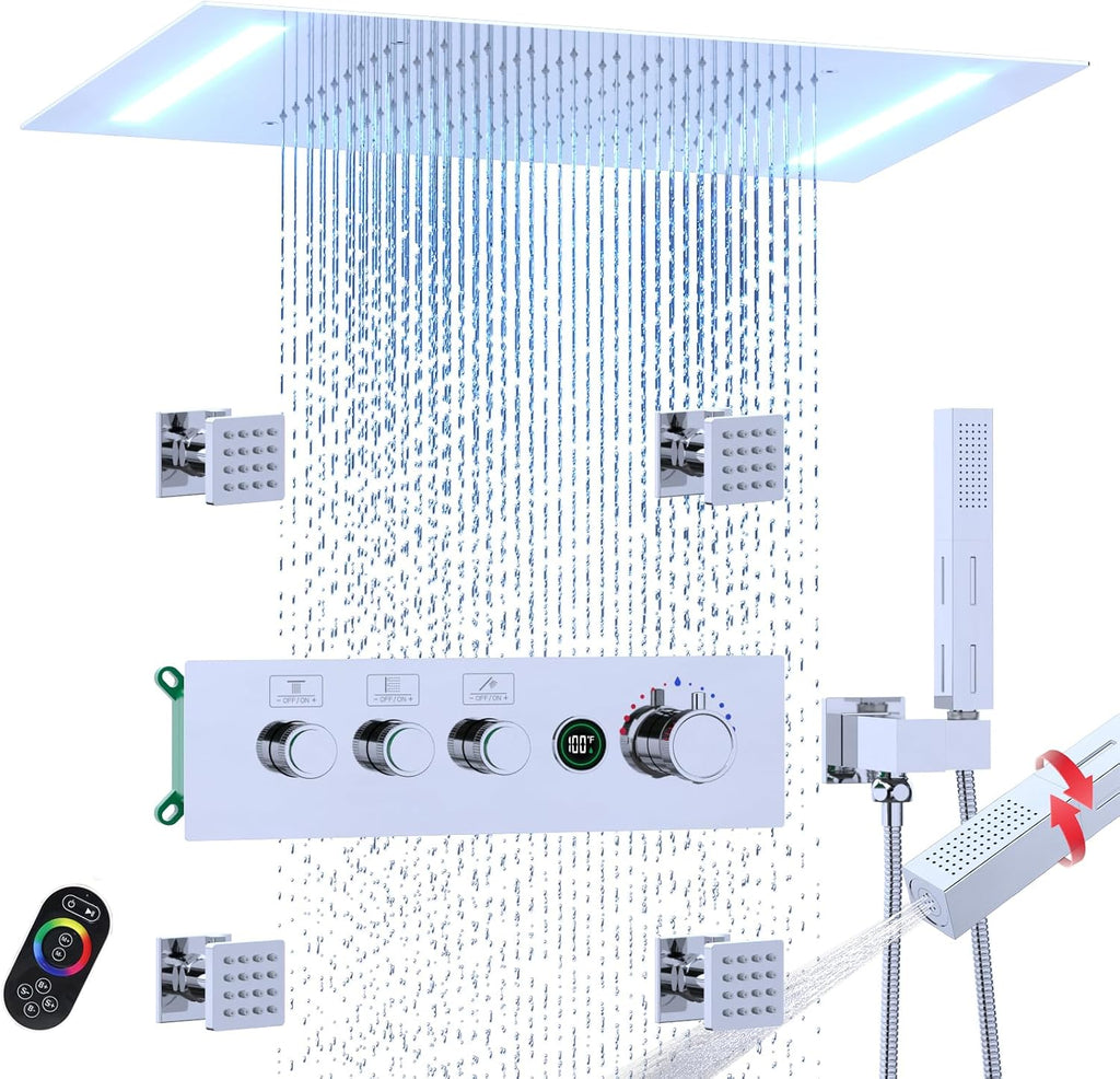 Enga 20 X 14 Inch LED Rain Shower System, Temperature-Display Thermostatic Shower Valve, 4PCS Shower Jets with ON-OFF, Dual Function Handheld Sprayer, Chrome