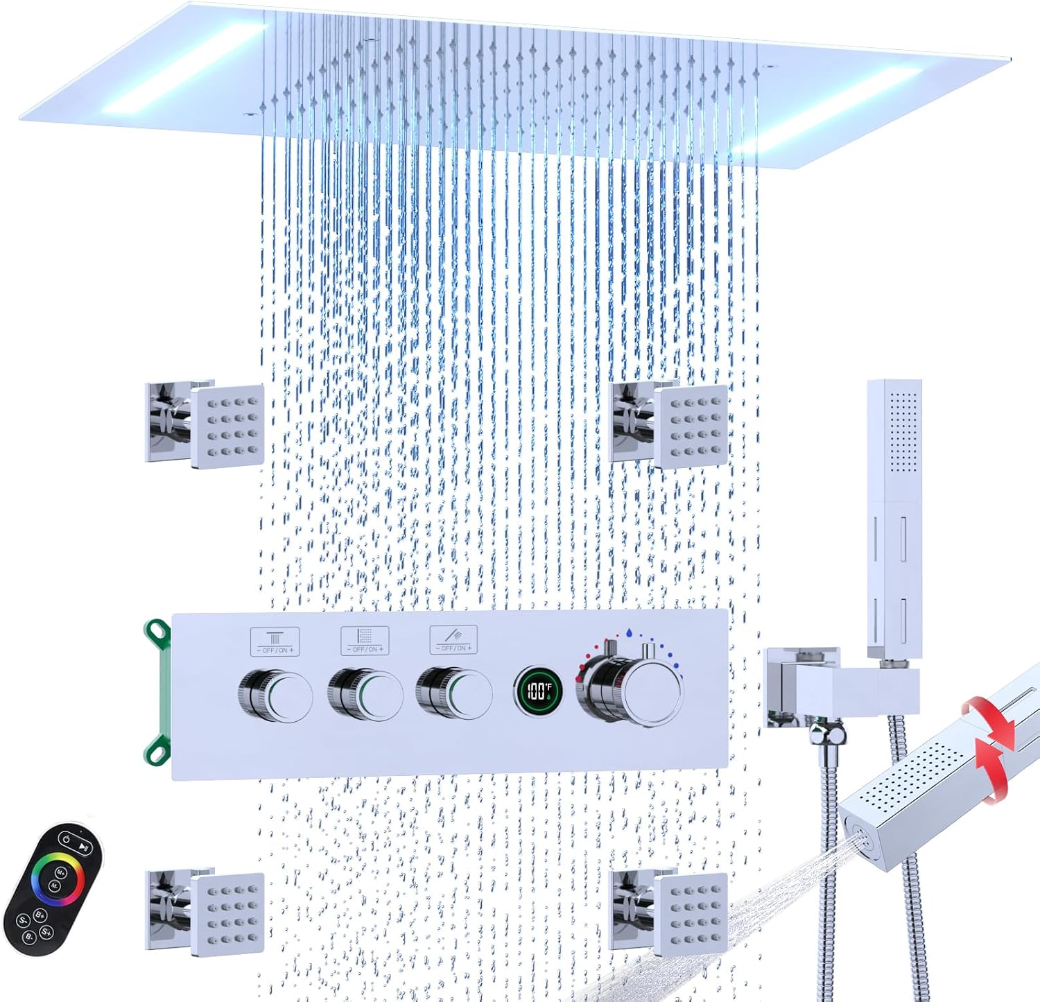 Enga 20 X 14 Inch LED Rain Shower System, Temperature-Display Thermostatic Shower Valve, 4PCS Shower Jets with ON-OFF, Dual Function Handheld Sprayer, Chrome
