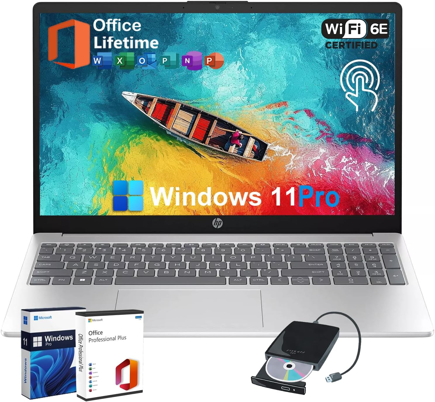 HP Flagship Touchscreen Laptop Computer - Free CD/DVD Drive• Office Lifetime • 15.6' HD Touchscreen • Intel i3 1215U • Wi-Fi 6E • Anti-Glare HD Display Win 11 Pro(16G RAM • 512GB SSD)