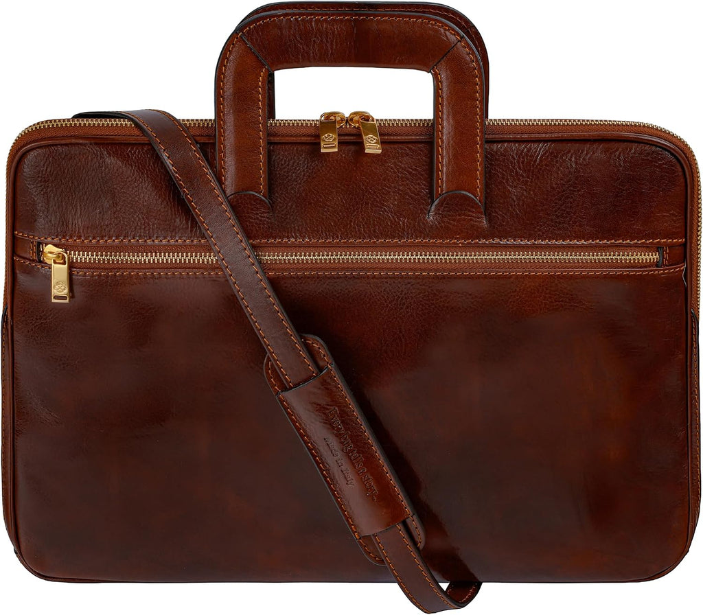 Time Resistance Slim Leather Briefcase - Italian Handmade Leather Computer Bag - Briefcase for Men and Women - Laptop Bag
