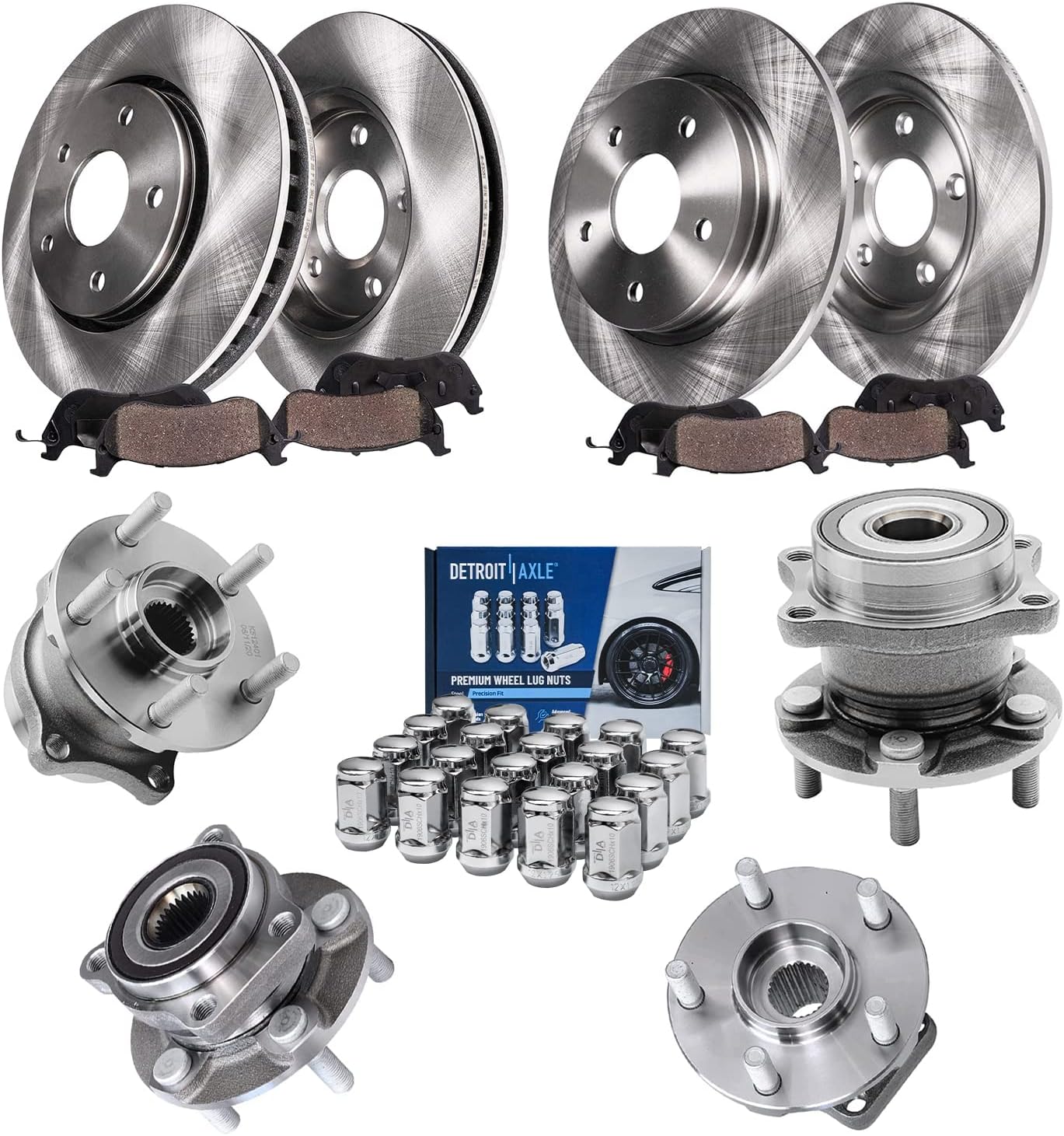 Detroit Axle - Wheel Bearing Hubs Brake Kit for Subaru Forester Impreza, 11.53 Inch Front & 11.26 Inch Rear Brake Rotors Brake Pads Wheel Bearing Hubs Lug Nuts Front Rear Replacement
