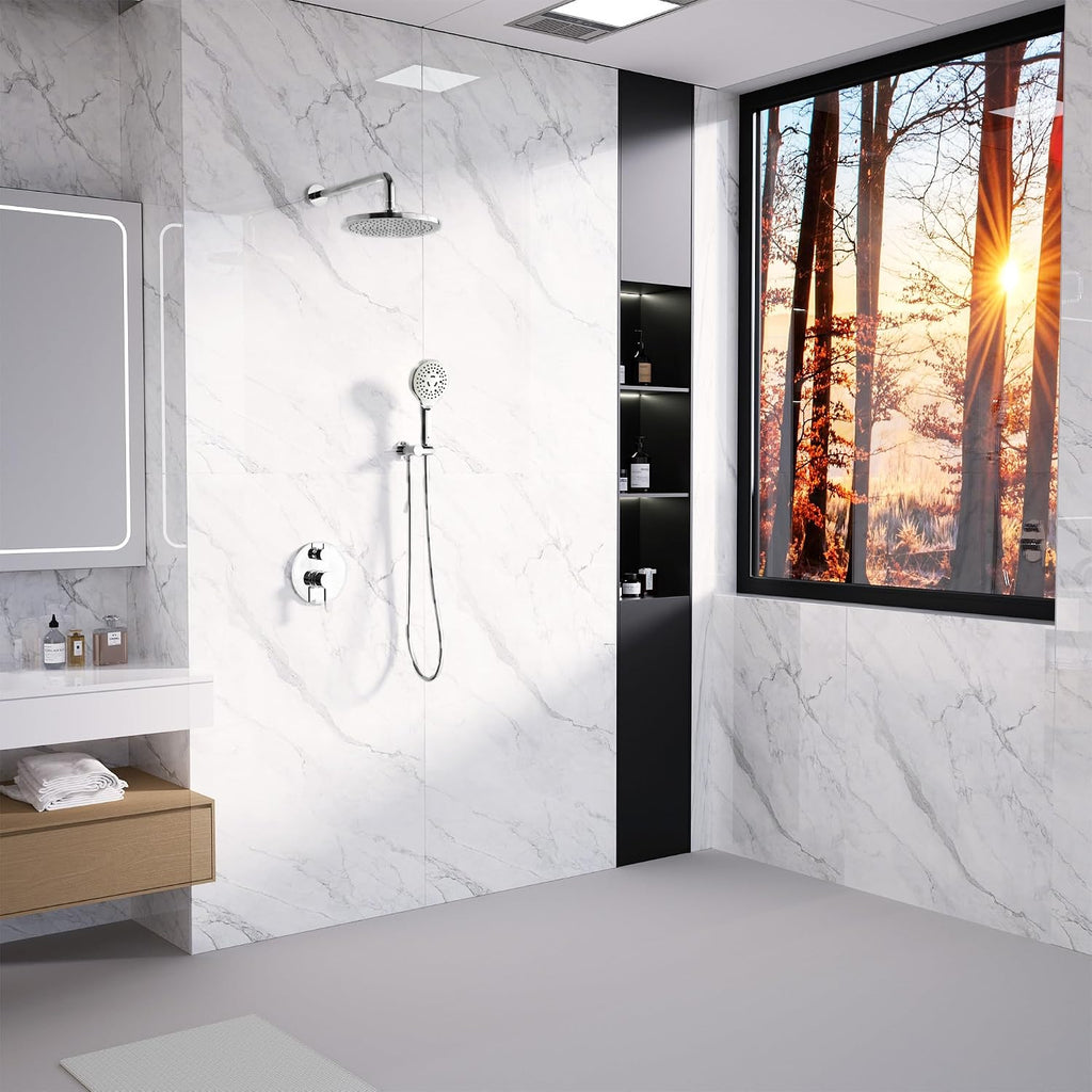 Bathroom Shower Faucet Set Wall Mounted Rainfall Shower System 10 Inches High Pressure Shower Head and Multifunctional Shower Handheld, Included Rough-in Valve and Trim Kit Polished Chrome