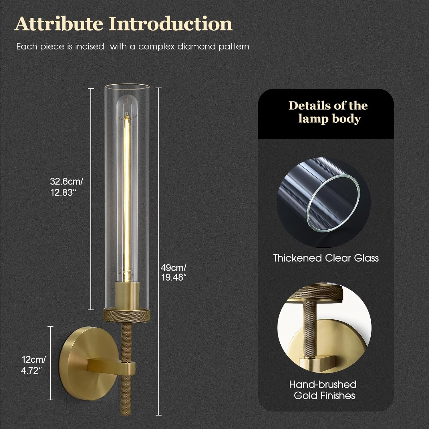19' Modern Gold Wall Sconces Set of 2, Knurled Brass Vanity Lights with Clear Tube Glass Shade, Industrial Long Linear Wall Lamp for Bathroom Mirror, Hallway, Living Room, Staircase