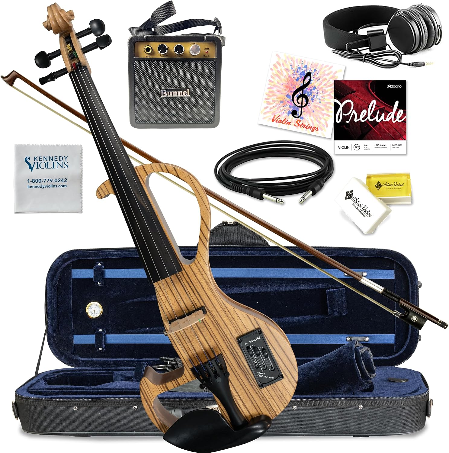 Electric Violin Bunnel Edge Outfit 4/4 Full Size Clearance (Light Zebrano) — With Carrying Case and Accessories - Mini Amp - Headphone Jack - Piezo Ceramic Pick-up - from Kennedy Viol