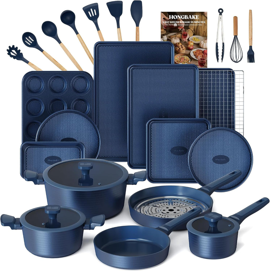 HONGBAKE Pots and Pans Set Nonstick, 26 Pcs All-in-One Kitchen Starter Set with Cookware, Bakeware & Silicone Utensils, Non Toxic Ceramic Coating, Induction & Oven Safe, PFOA PFOS Free, Blue