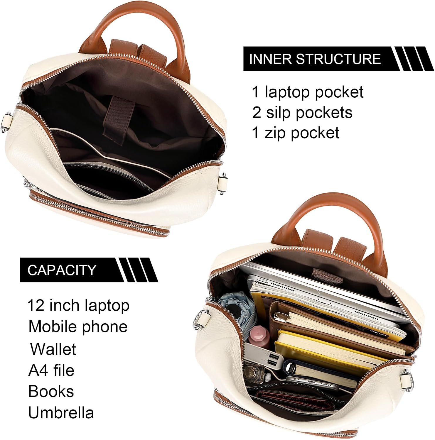ALTOSY Genuine Leather Backpack Purse for Women Large Shoulder Bag With Laptop Compartment Multiple Pockets (S106 Beige/Brown)