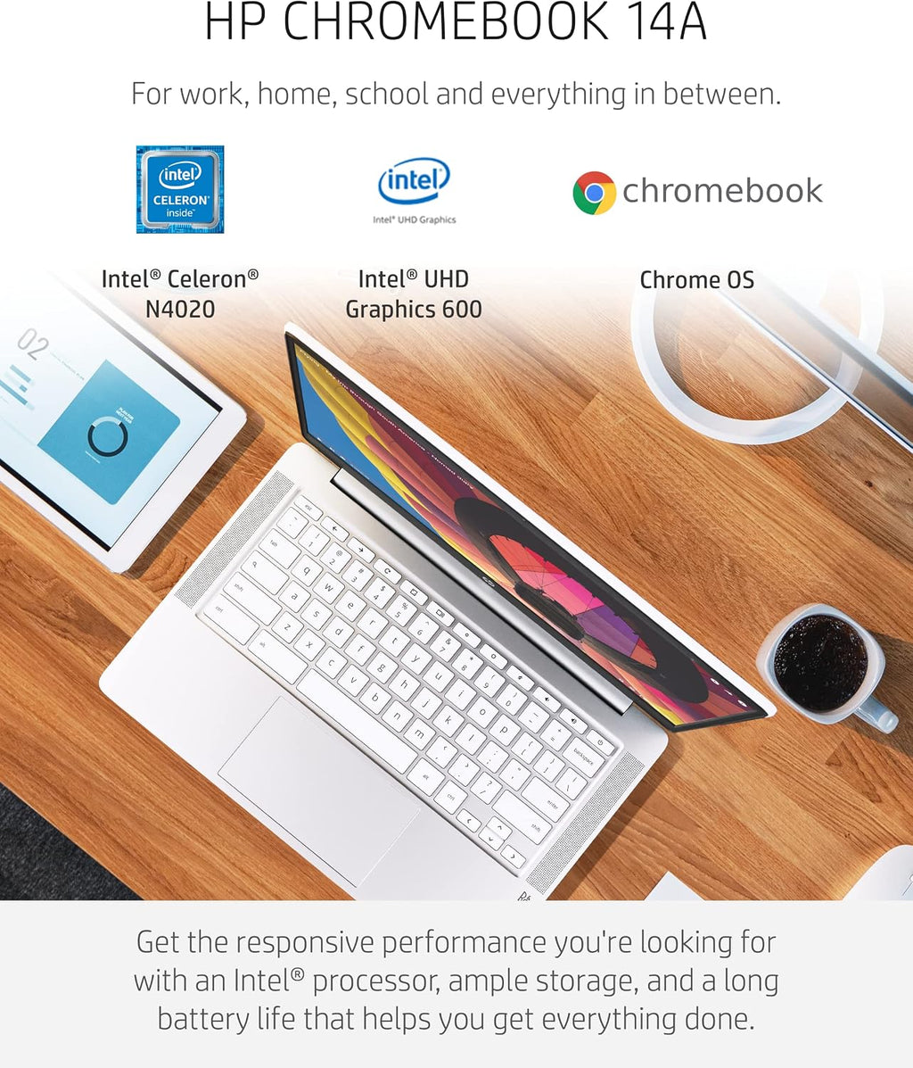 HP Chromebook 14 Laptop, Intel Celeron N4020, 4 GB RAM, 32 GB eMMC, 14' HD Micro-Edge Display, Chrome OS, Thin & Portable, 4K Graphics, Snow White Keyboard (14a-na0023nr, 2021, Ceramic White)