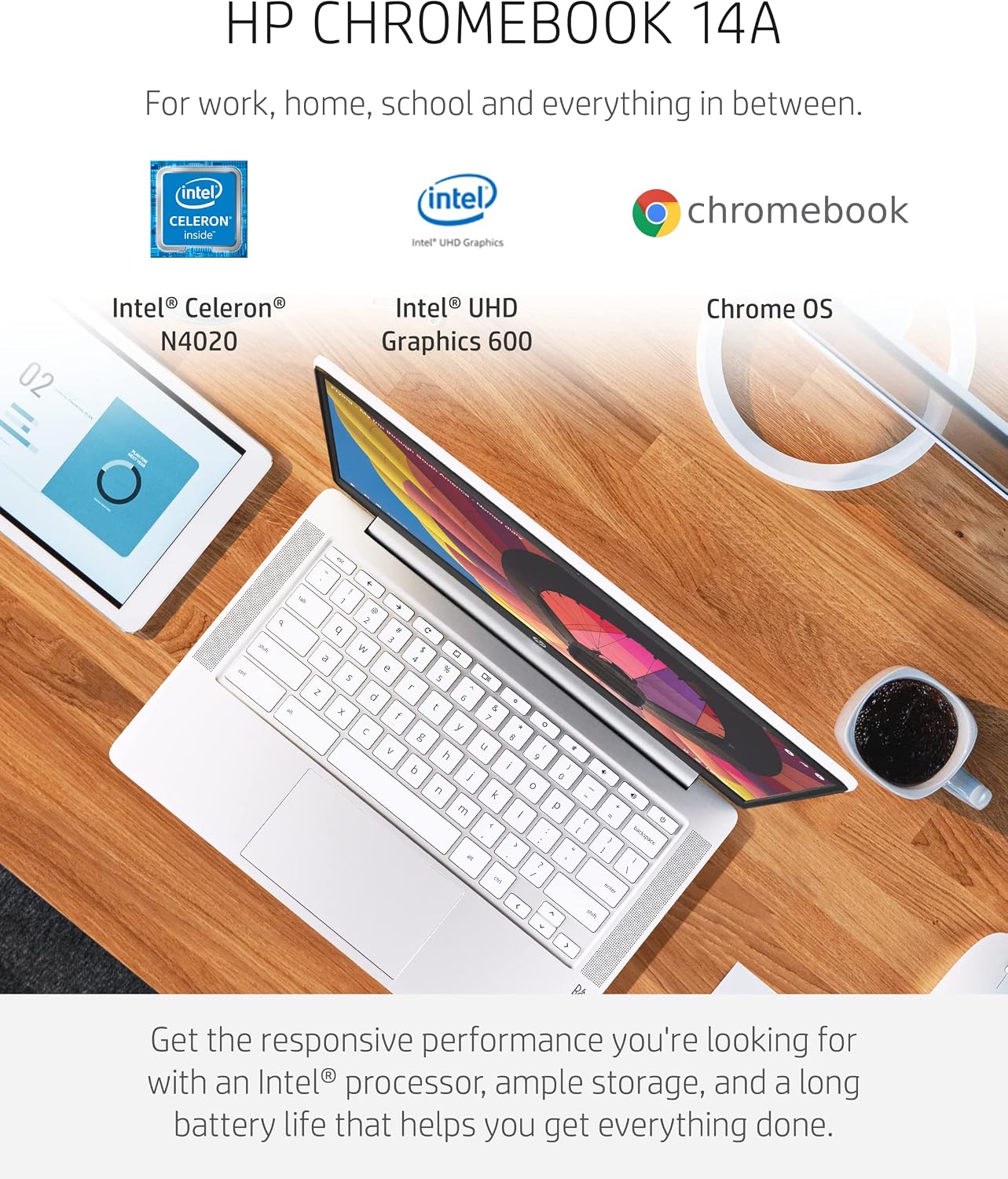 HP Chromebook 14 Laptop, Intel Celeron N4020, 4 GB RAM, 32 GB eMMC, 14' HD Micro-Edge Display, Chrome OS, Thin & Portable, 4K Graphics, Snow White Keyboard (14a-na0023nr, 2021, Ceramic White)