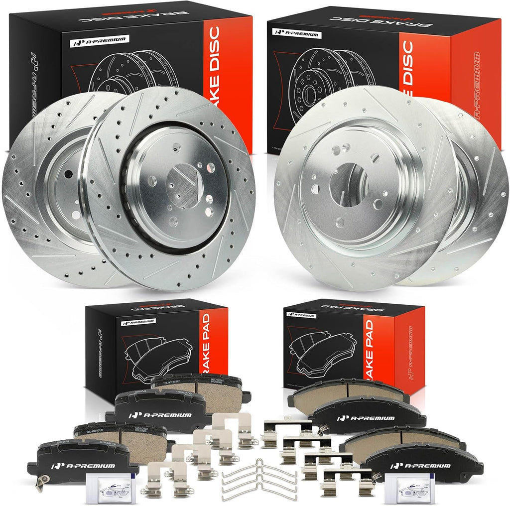 A-Premium Front and Rear Drilled and Slotted Disc Brake Rotors + Ceramic Pads Kit Compatible with Select Acura Models - MDX 2017 2018 2019 2020, 12-PC Set