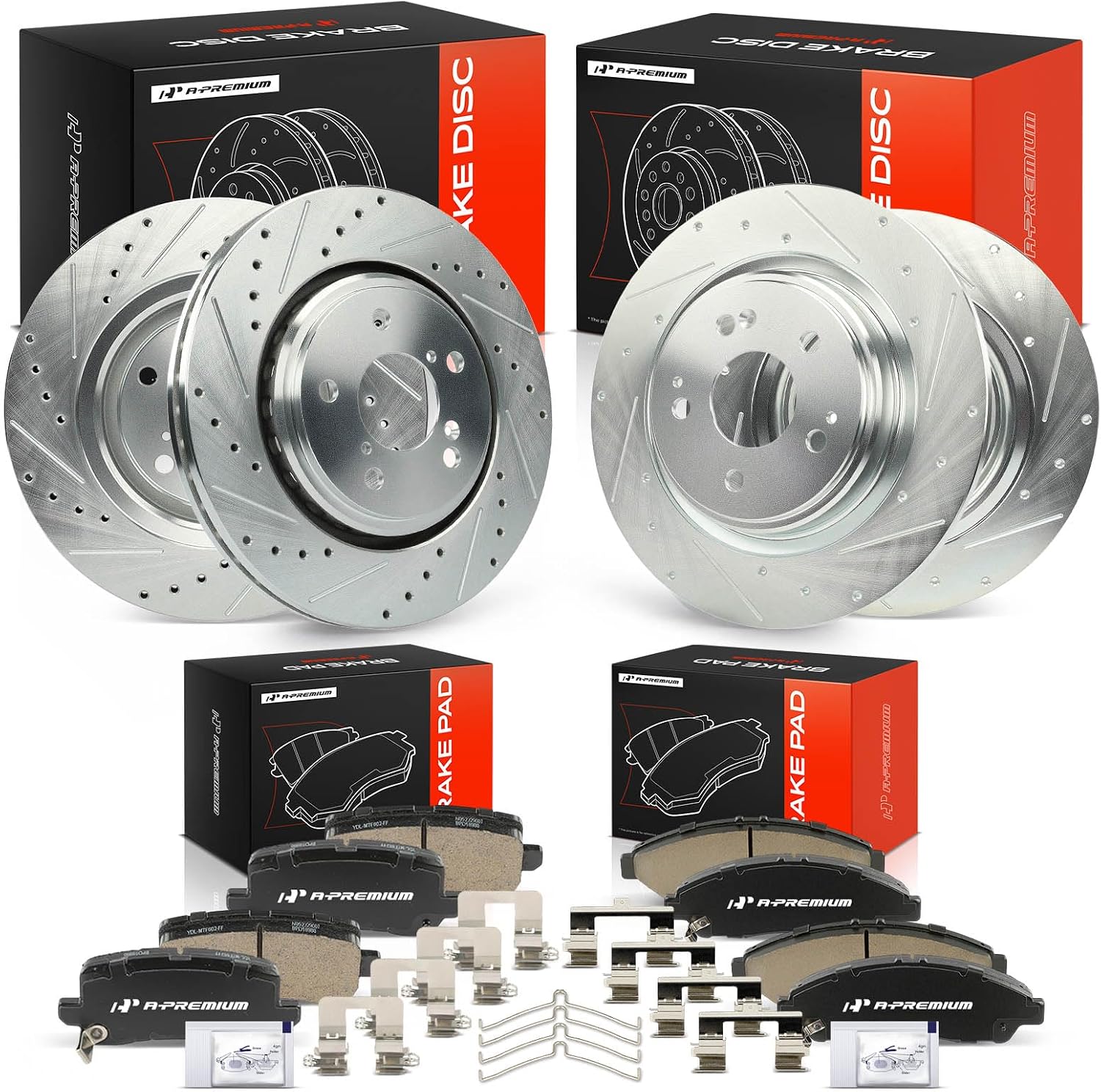 A-Premium Front and Rear Drilled and Slotted Disc Brake Rotors + Ceramic Pads Kit Compatible with Select Acura Models - MDX 2017 2018 2019 2020, 12-PC Set